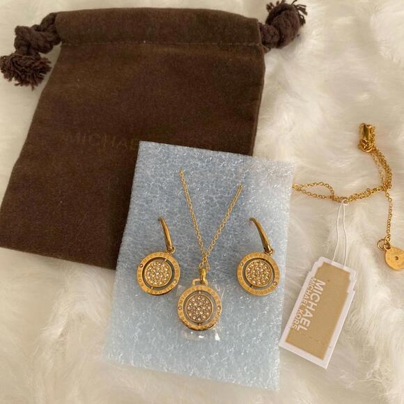 Michael Kors Gold Tone Crystal Pendant Necklace and Earrings Set - Picture 1 of 5